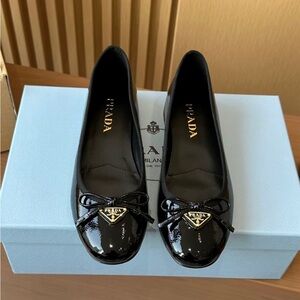 Prada Women's Glossy Black Flats with Bow